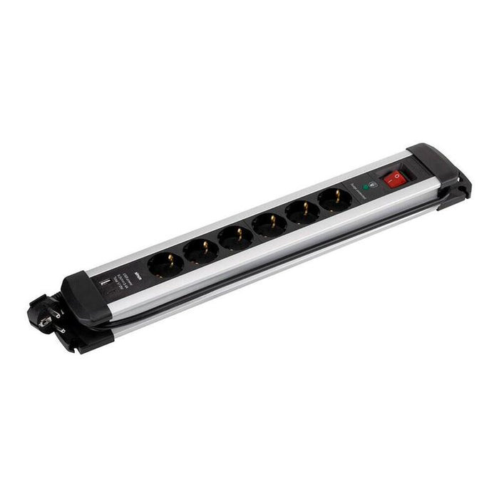 Base Múltiple, 6 Tomas, Schuko 2p+T, 2 Usb A+C, 16 A 250 V~,1,5 M Cable, C/Interruptor Y Prot.Sobretensiones, Aluminio