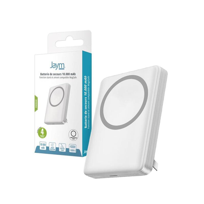 Batería De Secours 10 000 Mah Con Fonction Stand - Magsafe Induction 15w Out + Usb-C In / Out +  Anneau Magsafe - Blanco - Jaym