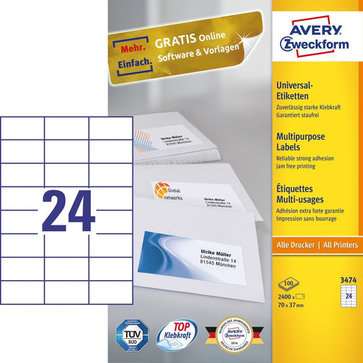 EAN 4004182034743 - Avery 3474 etiqueta autoadhesiva Rectángulo Permanente Blanco 2400 pieza(s) imagen 1