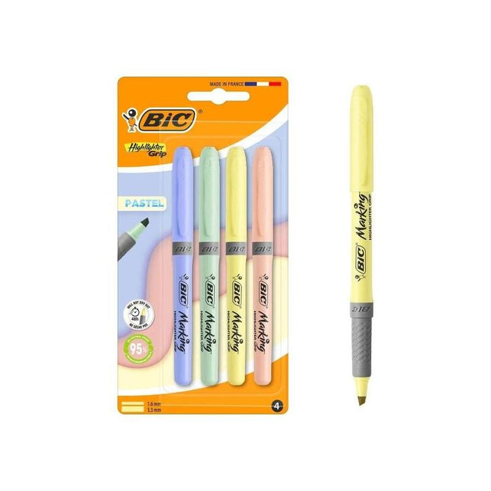 Bic Highlighter Grip Pack Con 4 Marcadores Fluorescentes Pastel - Punta Biselada - Trazo Entre 1.60 Y 3.30 Mm - Grip