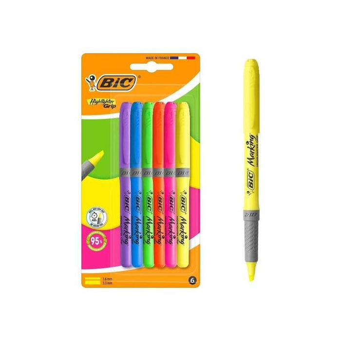 Bic Highlighter Grip Pack Con 6 Marcadores Fluorescentes - Punta Biselada - Trazo Entre 1.60 Y 3.30 Mm - Grip