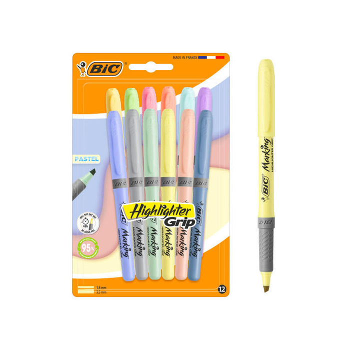 Bic Highlighter Grip Pastel Pack Con 12 Marcadores Fluorescentes Pastel - Punta Biselada - Trazo Entre 1.60 Y 3.30 Mm -