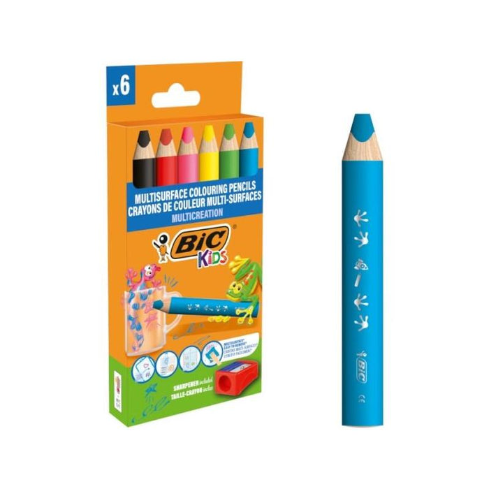 Bic Kids Multisuperficie Pack De 6 Lapices De Colores + Sacapuntas - Cuerpo Triangular - Minas Borrables En Superficies
