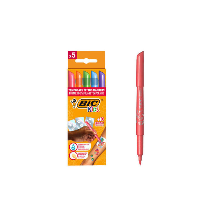 Bic Kids Tatuajes Pack De 5 Rotuladores + 10 Plantillas Para Tatuajes Temporales - Tinta Dermatologicamente Testada Y