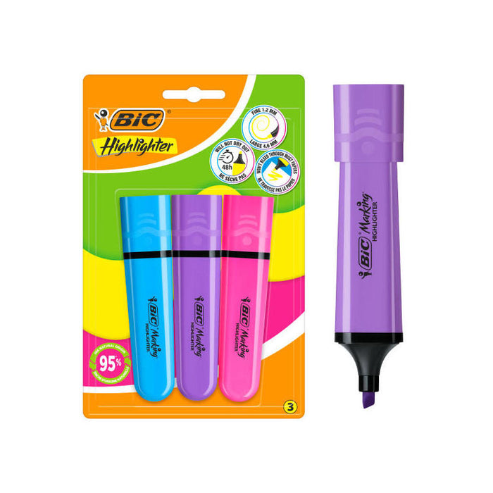 Bic Marking Highlighter Flat Pack De 3 Marcadores Fluorescentes - Punta Biselada - Trazo Entre 1.20 Y 4.60 Mm - Tinta
