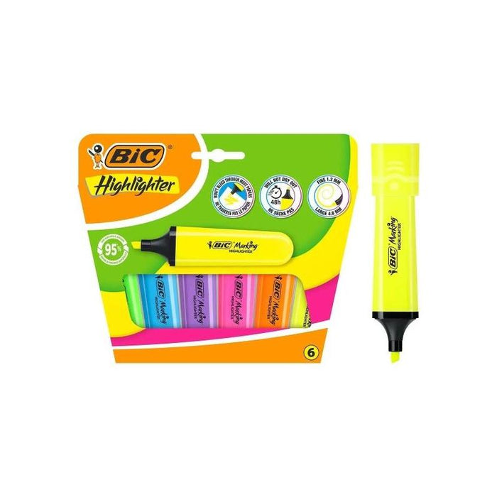 Bic Marking Highlighter Flat Pack De 6 Marcadores Fluorescentes - Punta Biselada - Trazo Entre 1.20 Y 4.60 Mm - Tinta