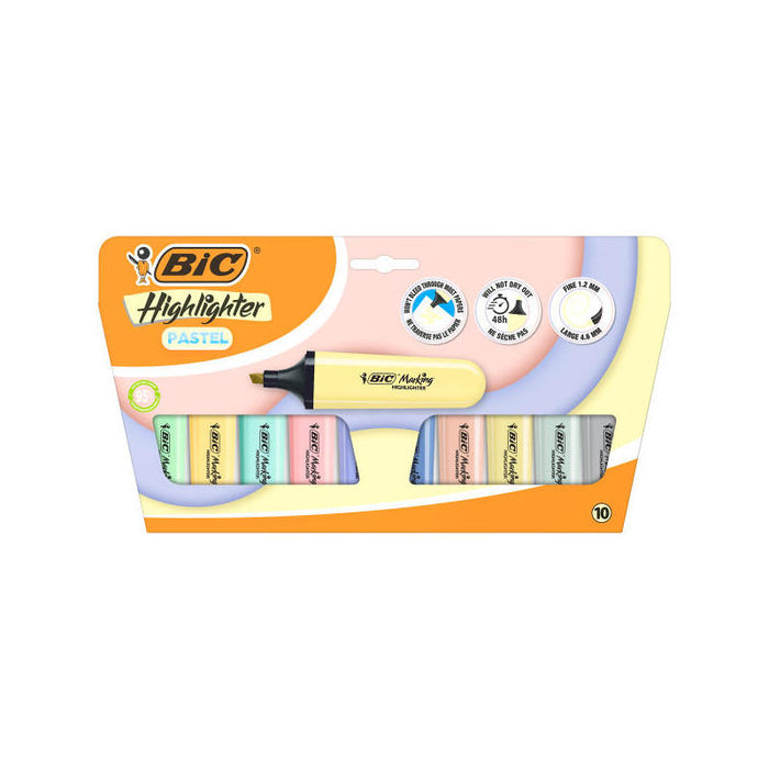 Bic Marking Highlighter Flat Pastel Pack De 10 Marcadores Fluorescentes - Punta Biselada - Trazo Entre 1.20 Y 4.60 Mm -