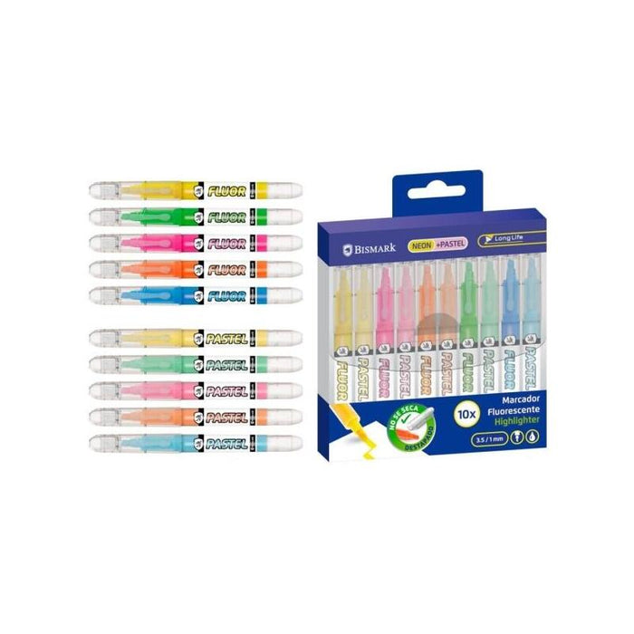 Bismark Long-Life Pack De 10 Marcadores Fluorescentes - 5x Neon Y 5x Pastel - Tinta Liquida - Punta Biselada - Ideal