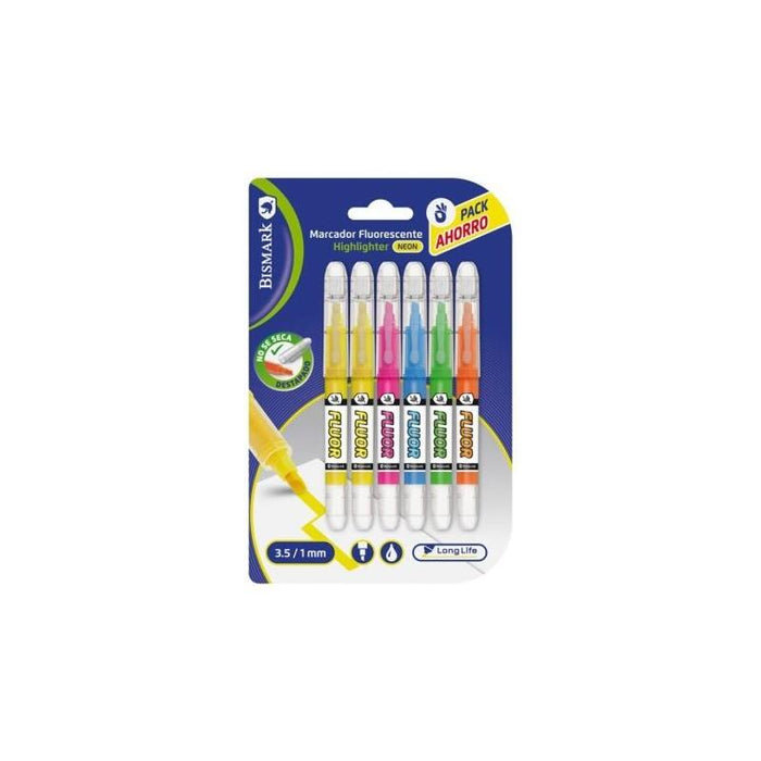 Bismark Long-Life Pack De 6 Marcadores Fluorescentes Neon - Tinta Liquida - Punta Biselada - Ideal Para Subrayar Y