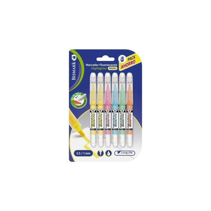 Bismark Long-Life Pack De 6 Marcadores Fluorescentes Pastel - Tinta Liquida - Punta Biselada - Ideal Para Subrayar Y