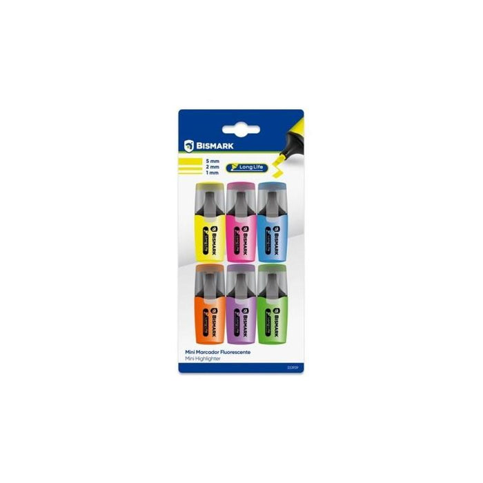 Bismark Long-Life Pack De 6 Mini Marcadores Fluorescentes Neon - Tinta De Secado Rapido - Punta Biselada - Ideal Para