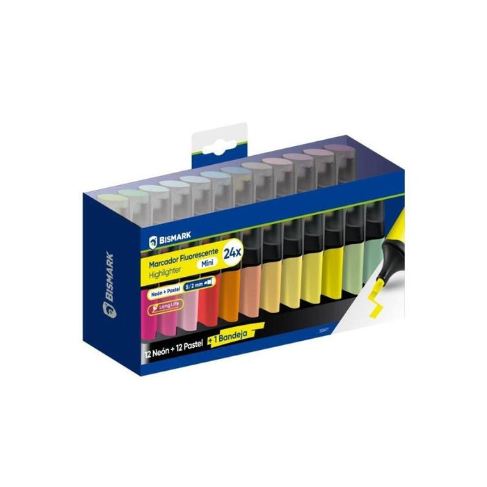 Bismark Long-Life Set De Mesa Con 24 Mini Marcadores Fluorescentes - 12x Neon Y 12x Pastel - Tinta De Secado Rapido -