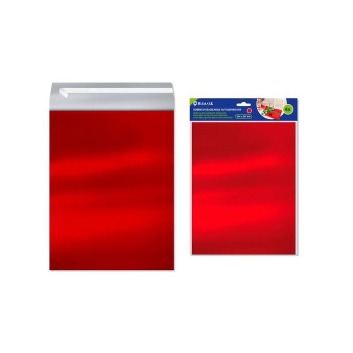 Bismark Pack De 4 Sobres Metalizados - Medidas 324x254mm - Cierre Autoadhesivo - Ideal Para Regalos - Rojo