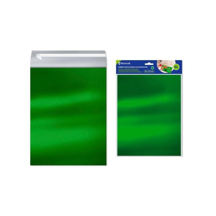 Bismark Pack De 4 Sobres Metalizados - Medidas 324x254mm - Cierre Autoadhesivo - Ideal Para Regalos - Verde
