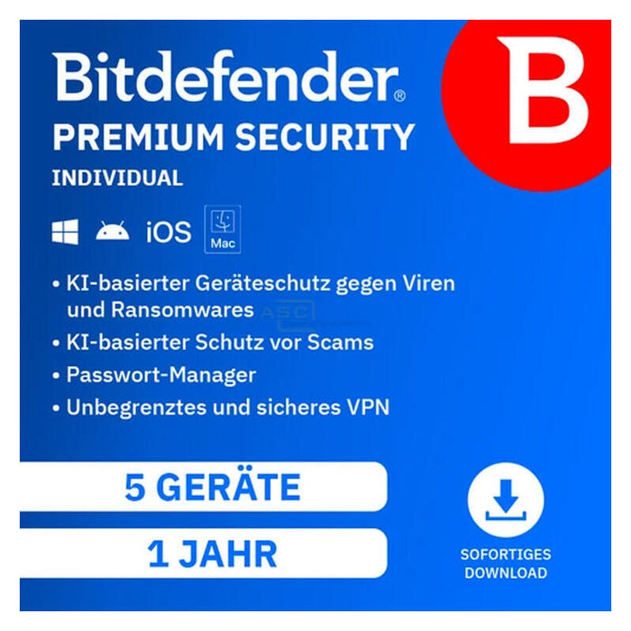 Bitdefender Premium Security Individual - 5 Geräte - 12 Monate - De - Esd