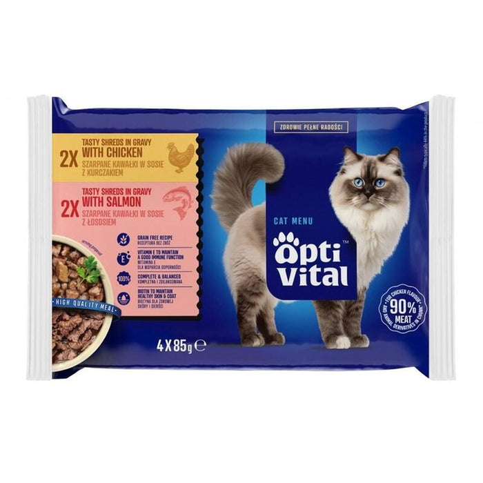 Bolsitas Optivital - Alimento Completo Para Gatos Adultos. Con Pollo Y Salmón 4x85g