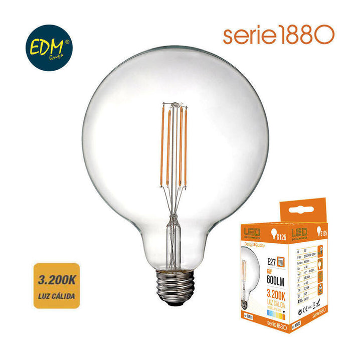 Bombilla De Globo Con Filamento De Led E27 6w 800lm 3200k Luz Calida Ø12,5x17cm Edm