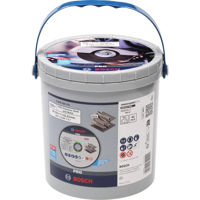 Bosch 100x Disco De Corte Abrasivo Pro Stainless Steel And Metal De Larga Vida Útil, Diámetro Interior De 22,23 Mm (Para Acero, Acero Inoxidable, Ø 125 Mm, Professional Accesorios Amoladora Pequeña)