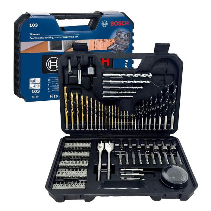 Bosch Juego De 103 Piezas Mixtas De Brocas Y Puntas De Atornillar De Titanio (Para Madera, Piedra, Metal, Para Atornilladores Y Taladros) 2608594070