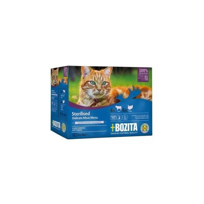 Bozita Comida Húmeda Esterilizada Para Canapés En Jalea Con Carne, 12 Bolsas De 85 G, Sin Cereales Y Sin Trigo Para Gatos, Comida Húmeda Para Gatos Con 8,5% De Proteína Y 3,5% De Contenido De Grasa