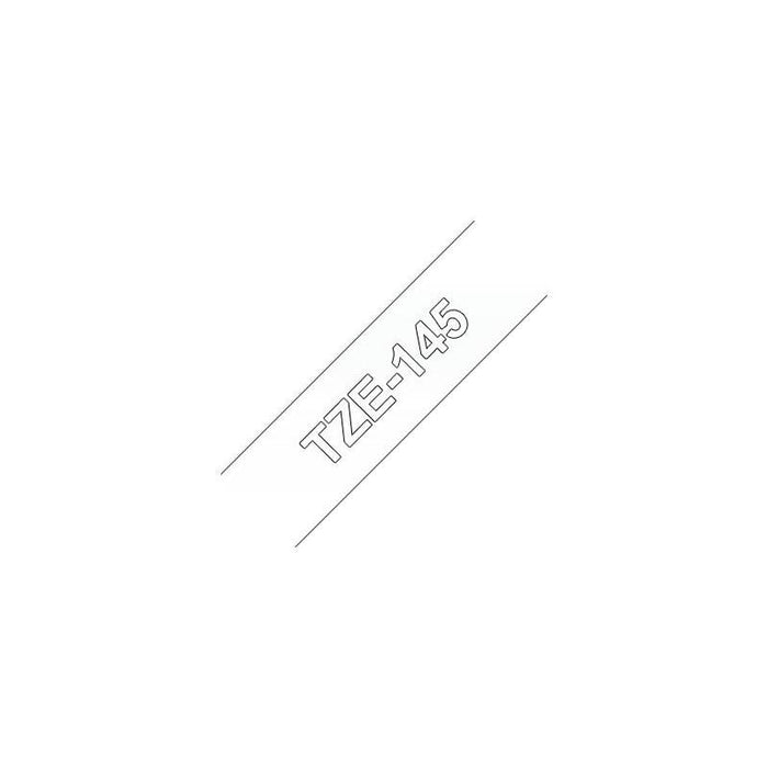 Brother Tze145 Cinta Laminada Generica De Etiquetas - Texto Blanco Sobre Fondo Transparente - Ancho 18mm X 8 Metros