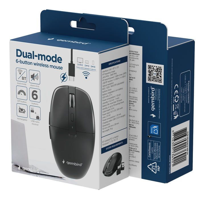 EAN 8716309136921 - Gembird MUSW2-6B-01 ratón Hogar Ambidextro RF Wireless + Bluetooth Óptico 1600 DPI imagen 9