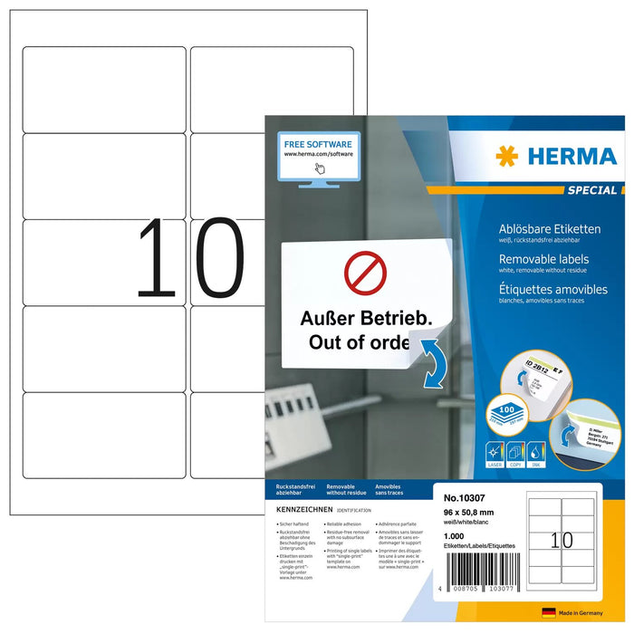 EAN 4008705103077 - HERMA 10307 etiqueta autoadhesiva Rectángulo redondeado Desmontable Blanco 1000 pieza(s) imagen 1