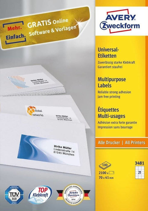 EAN 4004182034811 - Avery 3481 etiqueta autoadhesiva Rectángulo Permanente Blanco 2100 pieza(s) imagen 1