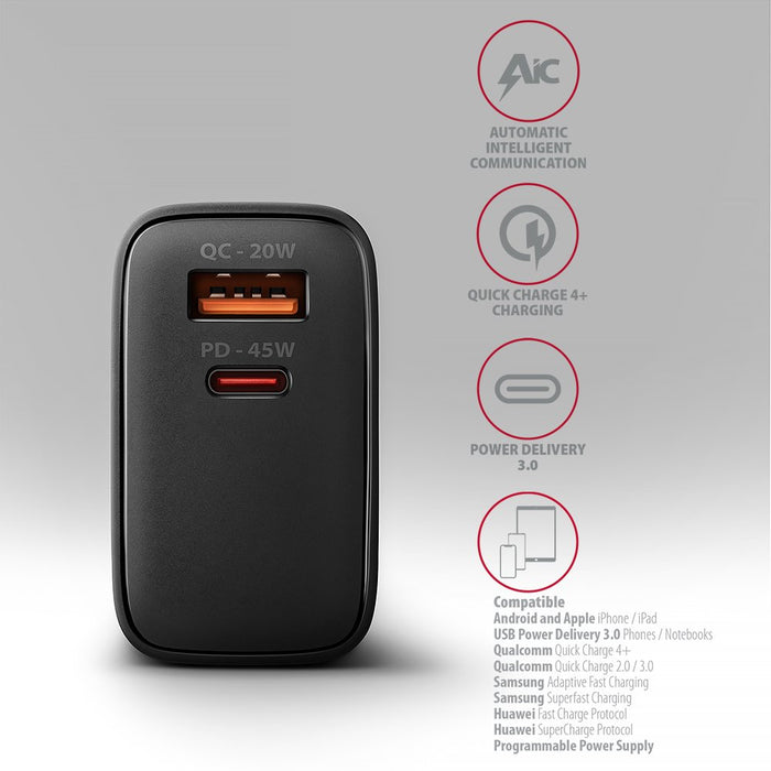 EAN 8595247907905 - Axagon ACU-PQ45 QC 3.0, 4.0/AFC/FCP/PPS/PD, 45W, schwarz - Netzladegerät mit USB-A und USB-C Schnittstell imagen 4