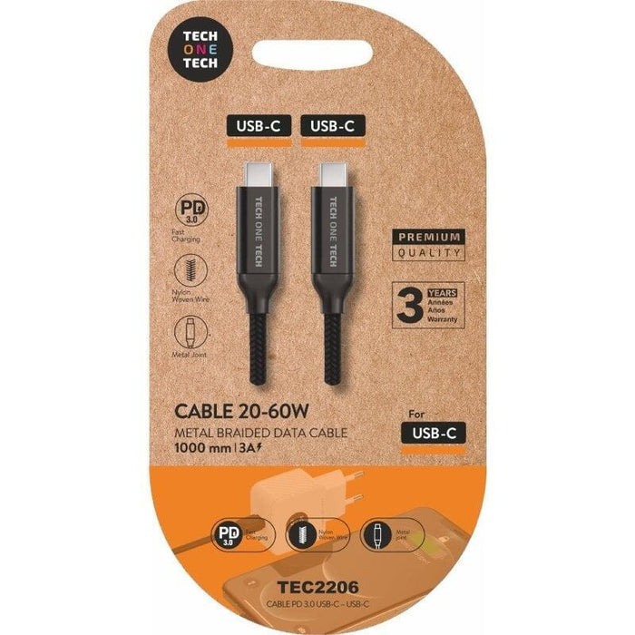 Cable Usb 2.0 Tipo-C Tech One Tech Tec2206 Usb Tipo-C Macho Usb Tipo-C Macho Hasta 60w 480mbps 1m Negro