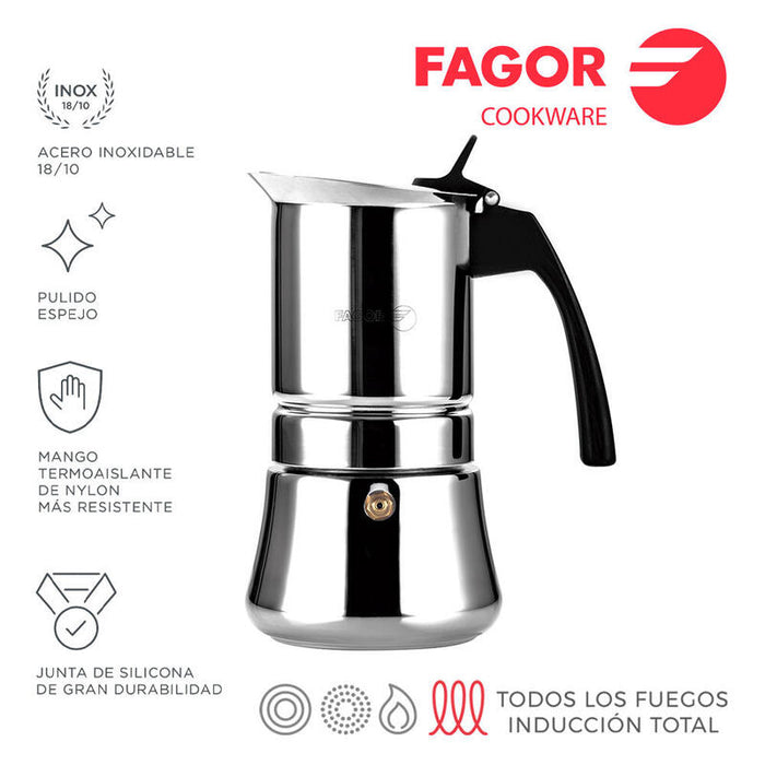 Cafetera Inox Etnica 4 Tazas Acero Inoxidable 18/10 Fagor