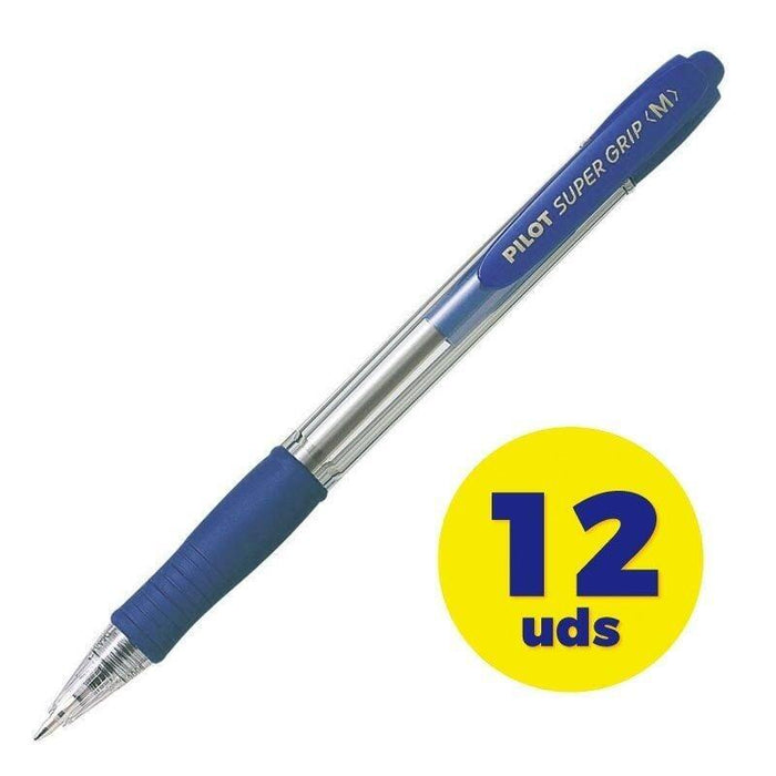 Caja De Bolígrafos De Tinta De Aceite Retráctil Pilot Super Grip M 12 Unidades Azules