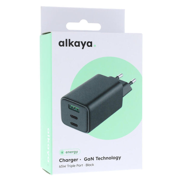 Cargador De Pared Alkaya 65w Triple Puerto (Tipo A + Tipo C) - Negro
