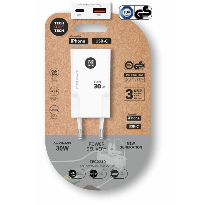Cargador De Pared Gan Tech One Tech Gan Tec2230 1xusb Tipo-C 1xusb 30w Blanco