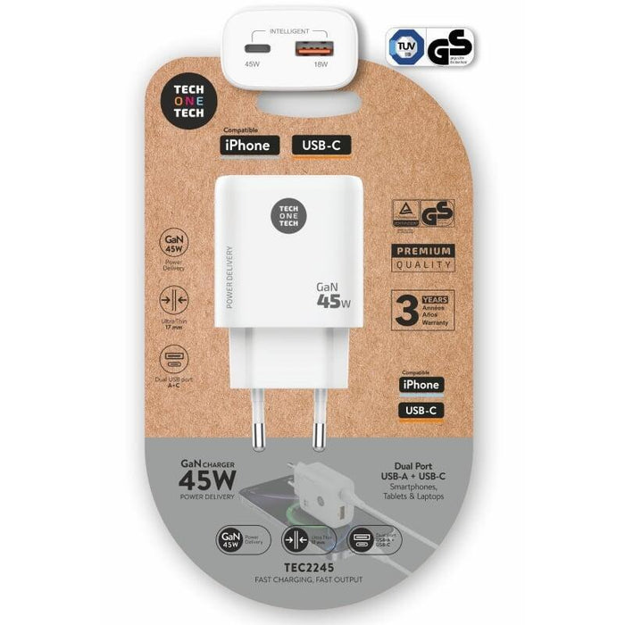 Cargador De Pared Gan Tech One Tech Tec2245 1xusb Tipo-C 1xusb 45w