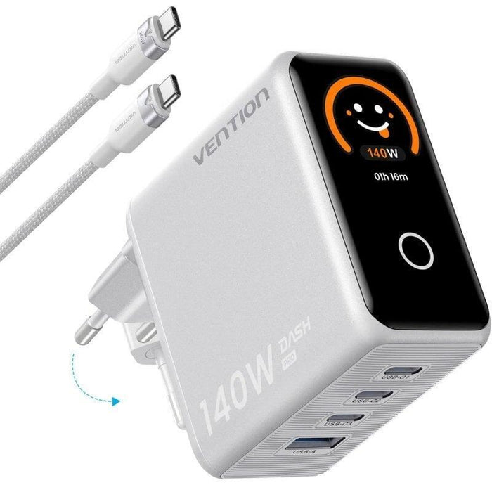 Cargador De Pared Gan Vention Tz-Fcoi0-Eu 3xusb Tipo-C + Cable Usb Tipo-C 1xusb 140w