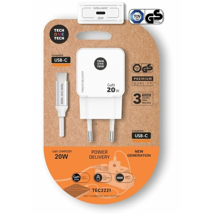 Cargador De Pared Tech One Tech Tec2221 1xusb Tipo-C + Cable Usb Tipo-C 20w Blanco