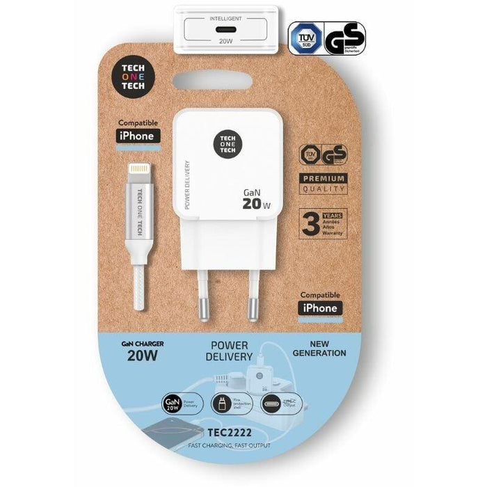 Cargador De Pared Tech One Tech Tec2222 1xusb Tipo-C + Cable Lightning 20w Blanco