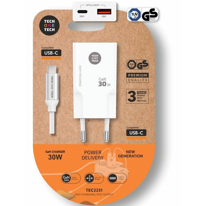 Cargador De Pared Tech One Tech Tec2231 1xusb Tipo-C 1xusb + Cable Usb Tipo-C 30w Blanco