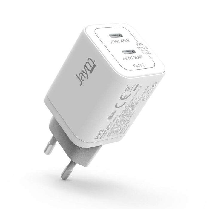 Cargador De Red Rápido 2 Usb-C Gan 65w Pd-Pps (Usb-C 20w/65w + Usb-C 45w/65w) Blanco - Jaym®