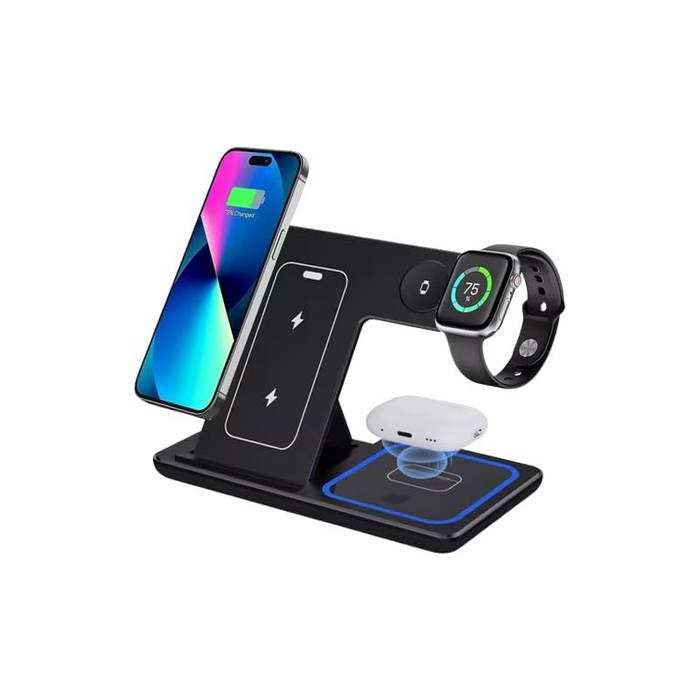 Cargador Inalambrico 3 En 1 15w Carga Rapida Para Dispositivos Qi Negro