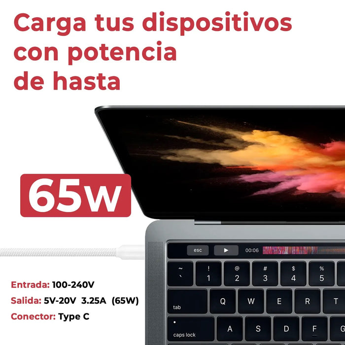 Cargador Multivoltaje Usb-C Para Portátil 5V-20V 3.25A 65W Blanco Cable Trenzado