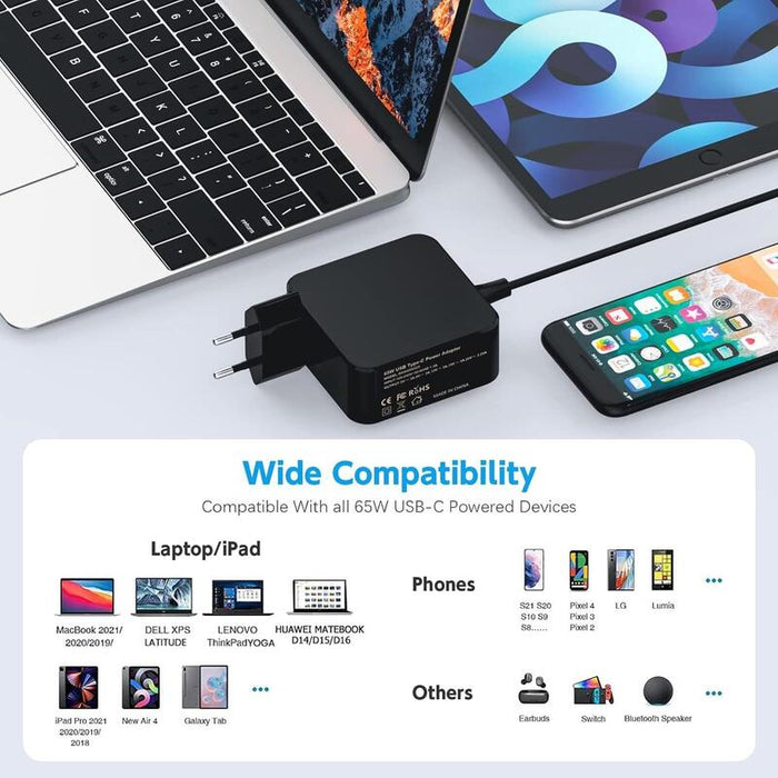 Cargador Rápido 65w Cuadrado Usb C 5v 9v 12v 15v 18v 20v Para Dell Hp Asus Lenovo  Color Negro