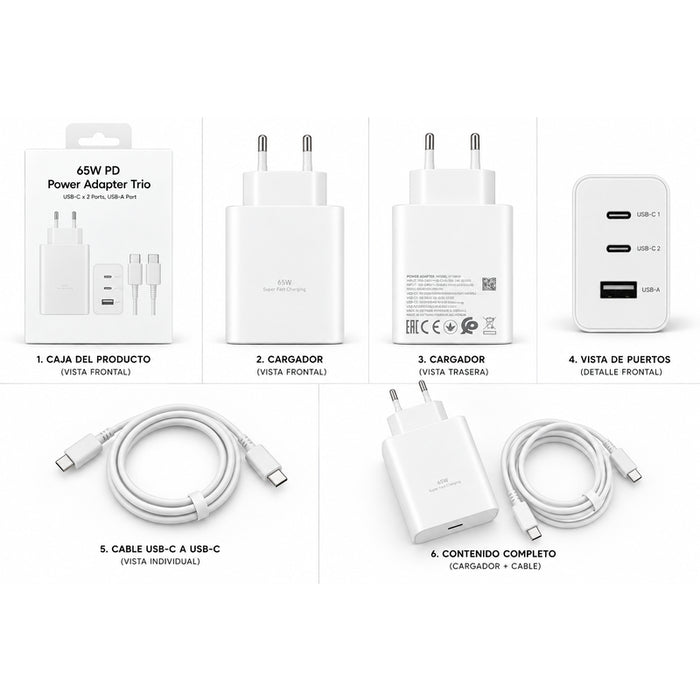 Cargador Rápido 65w Pd 3 Puertos - 2 Usb-C + 1 Usb-A - Con Cable Usb-C - Blanco