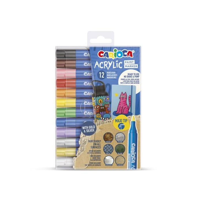 Carioca Acrylic Pack De 12 Marcadores De Pintura Acrilica - Punta Maxi - Tinta A Base De Agua - Alta Cobertura -