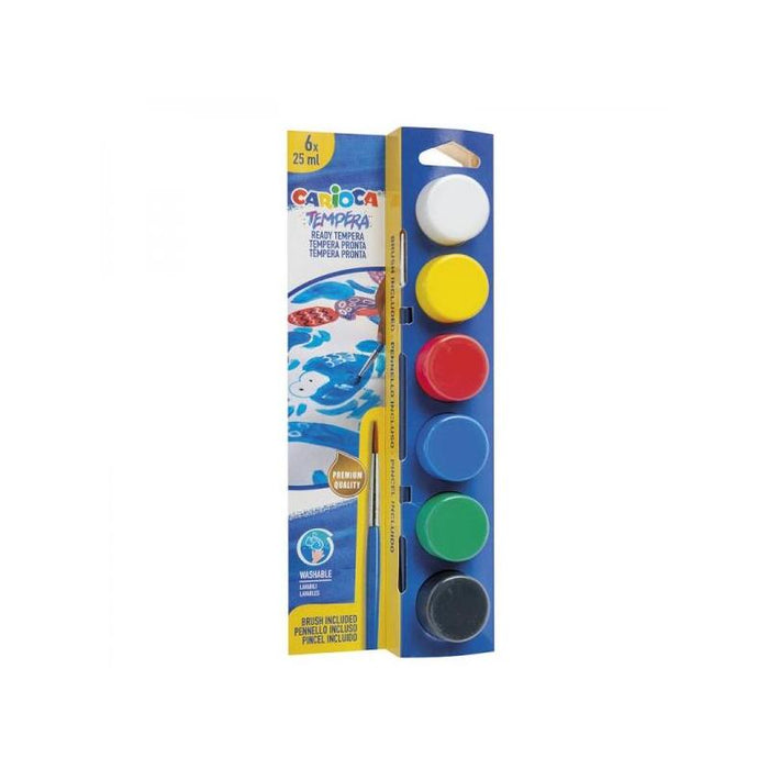 Carioca Pack De 6 Temperas En Botes - 25 Ml - Pincel Incluido - Superlavables - Mezclable - Colores Surtidos