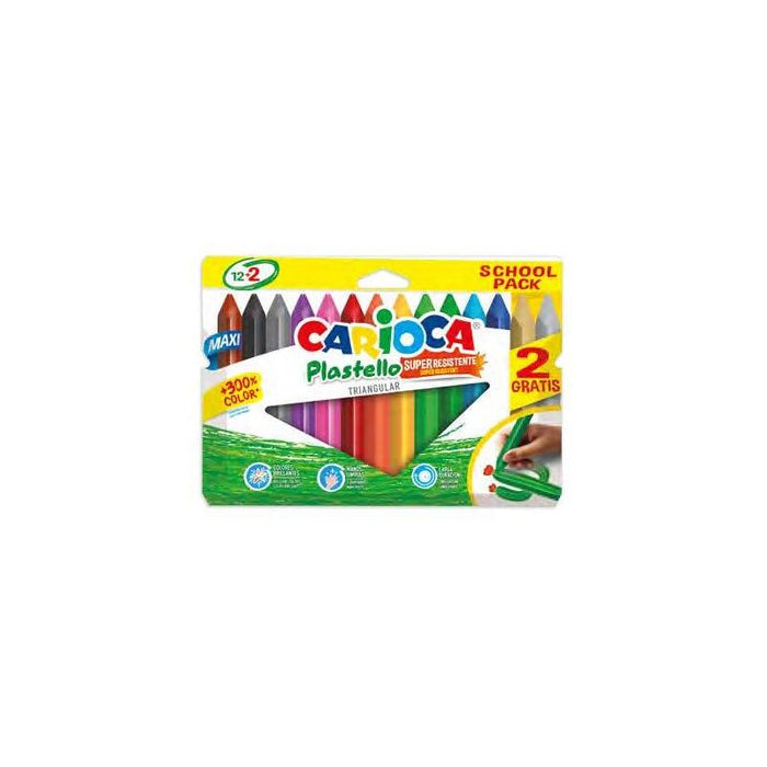 Carioca Plastello Maxi Pack De 12+2 Plasticeras Triangulares - Brillantes Y Lavables - Colores Surtidos