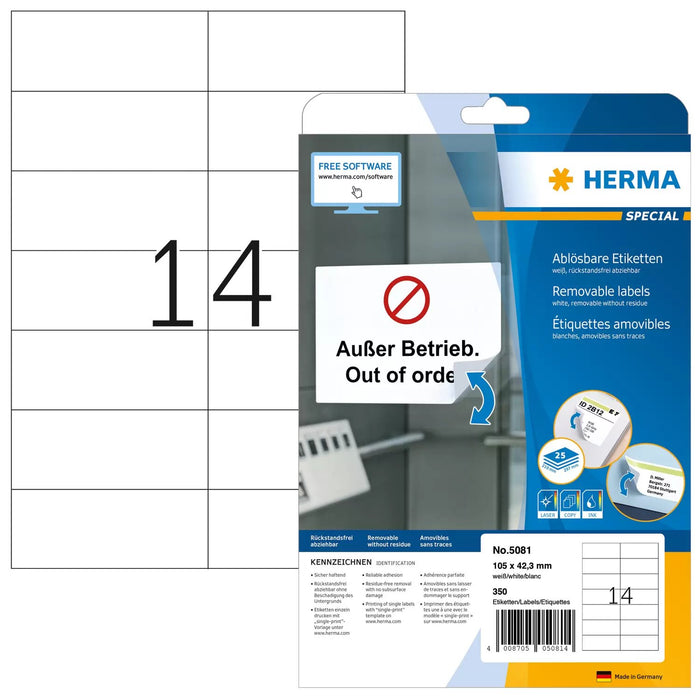 EAN 4008705050814 - HERMA 5081 etiqueta autoadhesiva Rectángulo Desmontable Blanco 350 pieza(s) imagen 1