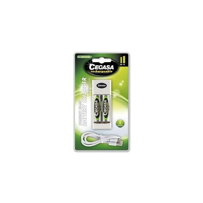 Cegasa Rechargeable Pack Con Cargador Compacto De Pilas Y Cable Usb + 2 Pilas Recargables Aa Hr6 2000mah - Cargador