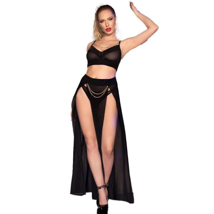 Chilirose - Cr 4672 Top Negro Falda Y Tanga Con Cadenas Doradas Xl